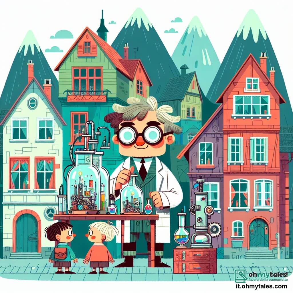 Une illustration destinée aux enfants représentant un inventeur aux cheveux arruffati et aux lunettes épaisses, invitant deux enfants curieux à découvrir son laboratoire secret rempli de machines étranges, dans une petite ville entourée de montagnes aux maisons colorées et aux rues pavées.
