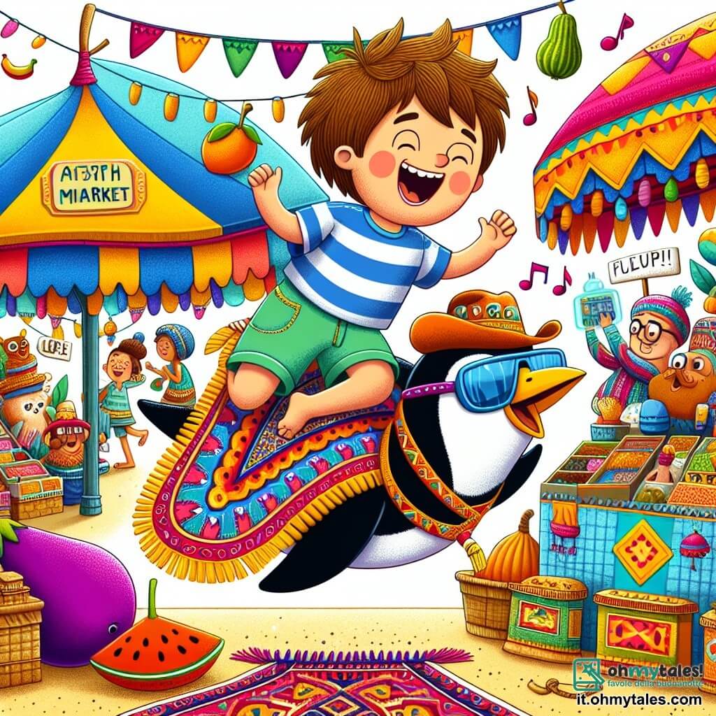 Une illustration sous forme de dessin destinée aux enfants représentant un marché coloré et loufoque, rempli de stands étranges où des fruits dansent et des animaux chantent, avec un garçon de 11 ans aux cheveux bruns en bataille, portant un t-shirt rayé et un short, qui rit en chevauchant un tapis volant aux motifs éclatants, tandis qu'à ses côtés, un pinguin en costume de cowboy avec des lunettes de soleil et un grand sourire l'encourage à s'amuser, alors qu'ils s'apprêtent à plonger dans une aventure pleine de surprises et de rires.