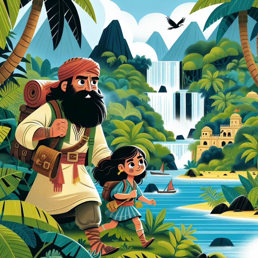Une illustration destinée aux enfants représentant un homme barbu et aventurier, accompagné de son fils, explorant une île tropicale luxuriante pleine de jungles denses, de cascades spectaculaires et de ruines antiques à la recherche d'un trésor légendaire.