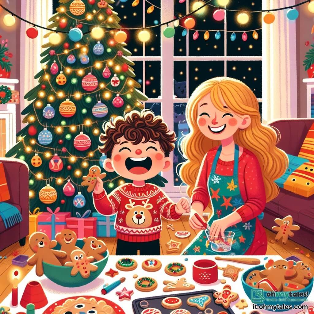 Une illustration sous forme de dessin destinée aux enfants représentant un salon chaleureux décoré pour Noël, avec un grand arbre scintillant rempli de lumières colorées et de boules brillantes, au centre un garçon de 3 ans aux cheveux bruns et bouclés, portant un pull rouge avec un motif de renne, qui rit en décorant des biscuits de Noël avec sa maman, une femme souriante aux cheveux longs et blonds, vêtue d'un tablier, tandis que des jouets colorés dansent joyeusement autour d'eux, créant une atmosphère magique et festive de partage et de bonheur familial.
