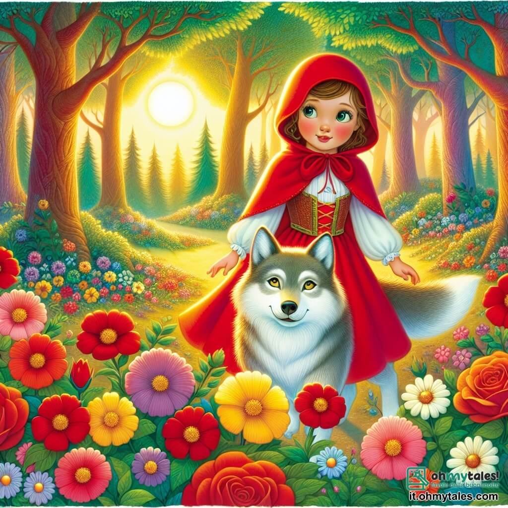 Une illustration destinée aux enfants représentant une jeune fille au chaperon rouge vif se promenant dans une forêt enchantée aux arbres majestueux et aux fleurs multicolores, accompagnée d'un loup gentil aux yeux brillants, éclairée par la lumière douce du soleil couchant.