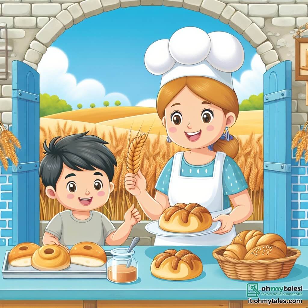 Une illustration destinée aux enfants représentant une jeune boulangère souriante préparant des délicieuses pâtisseries avec l'aide d'un petit garçon curieux, dans une charmante boulangerie en pierre aux volets bleus, entourée de champs de blé ondulant sous un ciel bleu azur.
