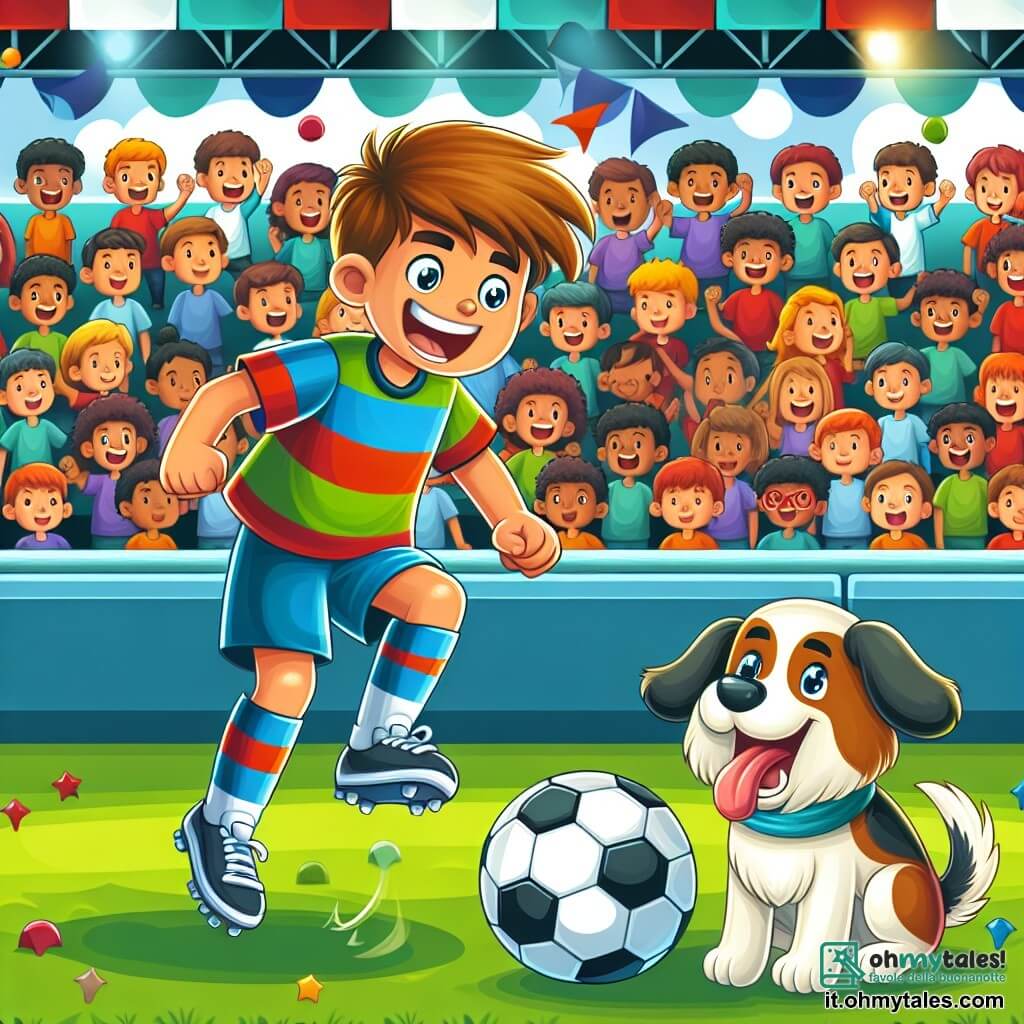 Une illustration destinée aux enfants représentant un jeune homme passionné de football, sur le point de jouer la partie la plus importante de sa vie, avec son fidèle chien mascotte à ses côtés, sur un terrain verdoyant entouré de tribunes colorées remplies de supporters enthousiastes.