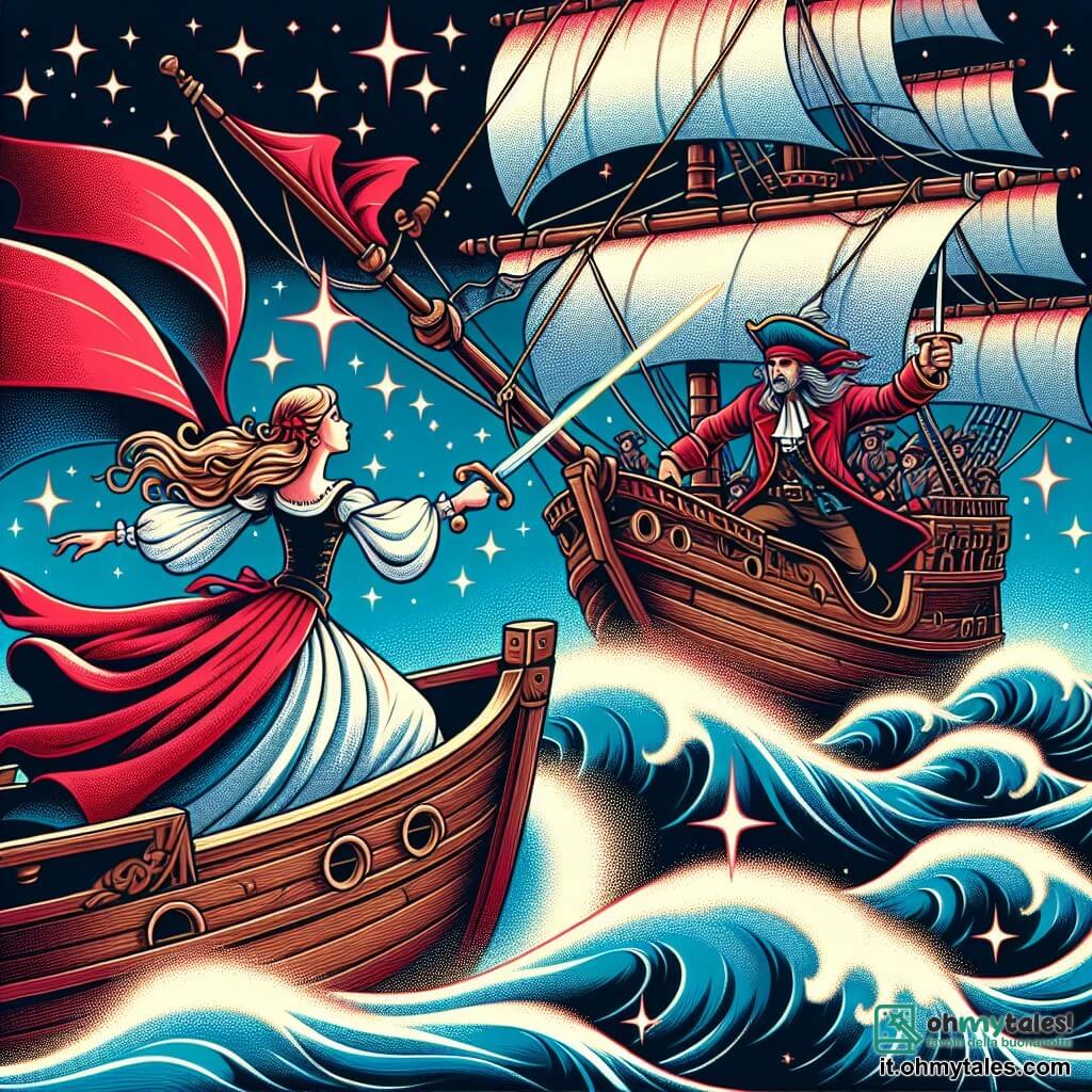 Une illustration destinée aux enfants représentant une courageuse pirate (fille) affrontant une bataille épique contre un capitaine rival (garçon) sur un navire de bois orné de voiles rouges, naviguant sur des vagues scintillantes sous un ciel étoilé.