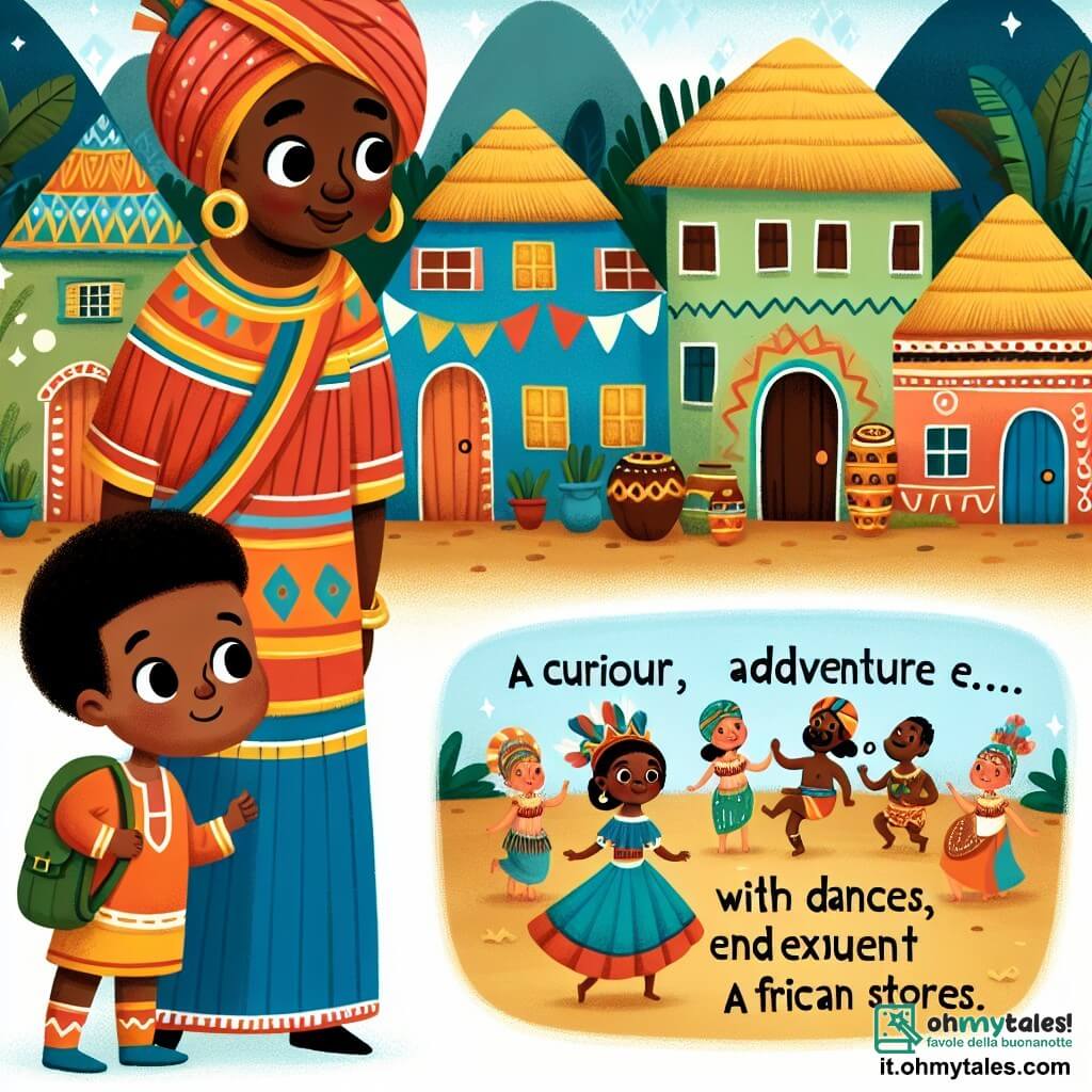 Une illustration destinée aux enfants représentant un jeune homme curieux et avide d'aventure, se tenant devant un village aux maisons peintes de couleurs vives, accompagné d'une vieille femme sage et bienveillante, dans un village africain où la diversité culturelle est célébrée avec des danses, des plats exotiques et des histoires merveilleuses.