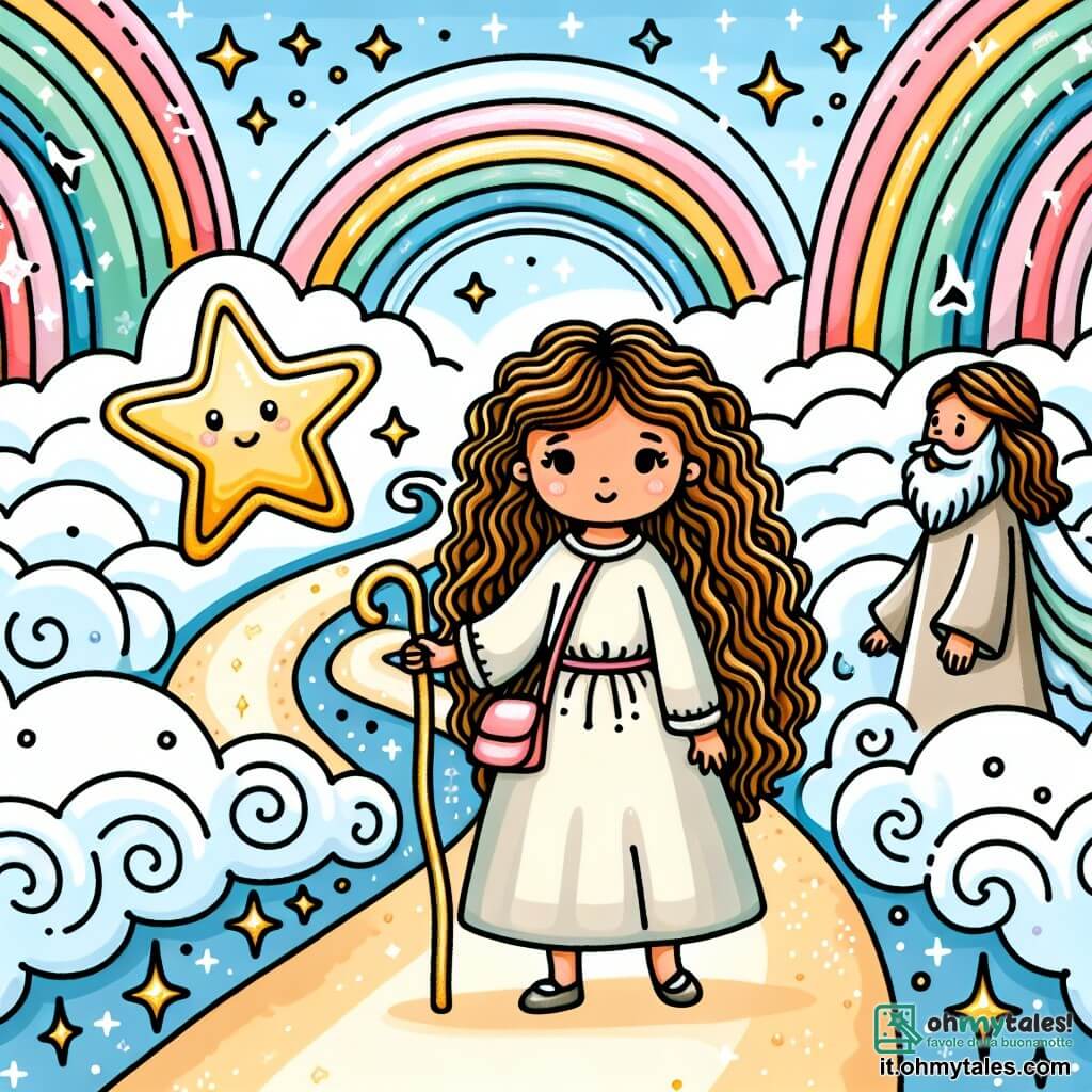 Une illustration destinée aux enfants représentant une fillette aux longs cheveux bouclés, plongée dans une quête de vérité, accompagnée d'une étoile lumineuse, dans un royaume magique aux nuages soyeux et aux arcs-en-ciel scintillants.