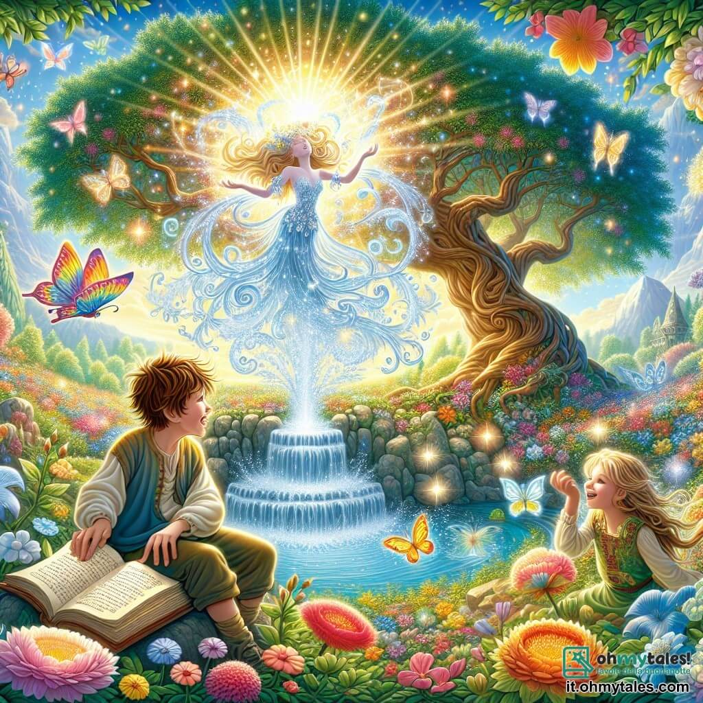 Illustrazione che rappresenta un magnifico giardino incantato, pieno di fiori colorati che danzano al vento, con alberi dai tronchi contorti e foglie scintillanti sotto un cielo blu splendente. Al centro, una fontana scintillante da cui l'acqua sprizza in giochi di luce. Un ragazzo di circa 10 anni, con capelli castani arruffati e un sorriso radioso, osserva la fontana con curiosità, gli occhi brillanti di gioia. Accanto a lui, una ragazza di circa 9 anni, con lunghi capelli biondi, vestita con un abito colorato, tiene un libro aperto, affascinata dalle parole che legge ad alta voce. La situazione principale mostra i due bambini mentre scoprono la Custode della Verità, una figura eterea che fluttua dolcemente sopra la fontana, con un abito di luce e occhi saggi che brillano di conoscenza. Farfalle multicolori volano intorno a loro e raggi di sole filtrano tra le foglie, creando un'atmosfera magica e accogliente. Il giardino è pieno di piccoli animali curiosi che ascoltano attentamente le parole della Custode, aggiungendo un tocco di vita a questa scena fiabesca.