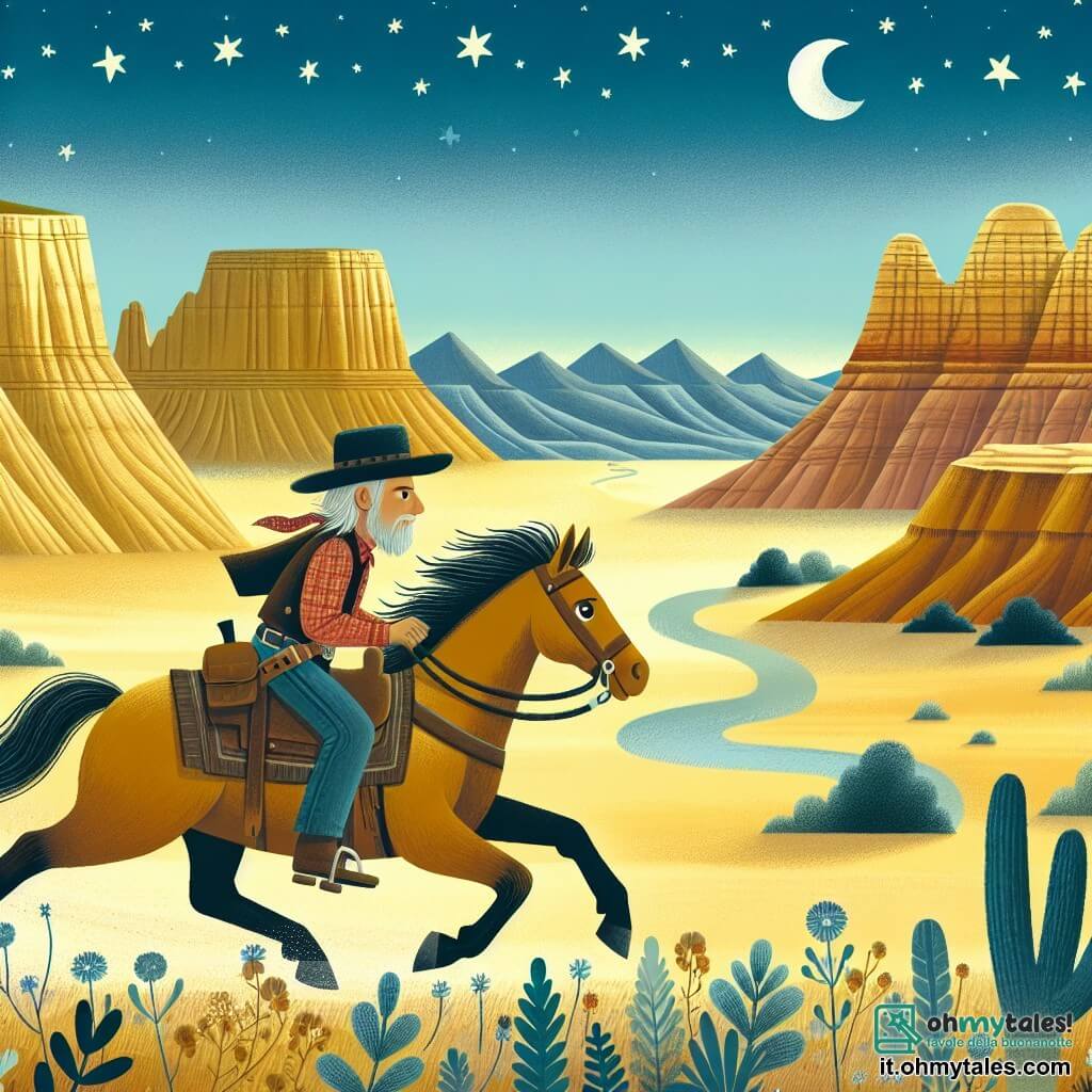 Une illustration destinée aux enfants représentant une jeune cowgirl courageuse chevauchant son fidèle destrier à travers les vastes prairies de l'Ouest américain, accompagnée d'un vieux chercheur d'or barbu, dans un paysage de canyons escarpés et de collines dorées sous un ciel étoilé.
