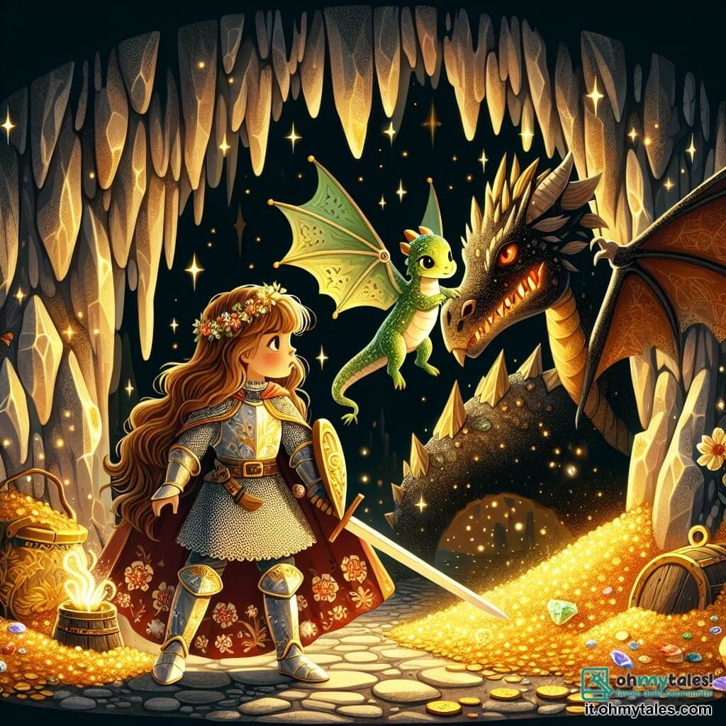 Illustrazione che rappresenta una caverna oscura e misteriosa, con pareti rocciose scintillanti alla luce di una fiamma tremolante. All'ingresso della caverna, una giovane cavaliere, con lunghi capelli castani al vento, indossa un'armatura scintillante decorata con motivi floreali. Brandisce una spada di legno, con un'espressione determinata e coraggiosa, pronta ad affrontare il pericolo. Accanto a lei, un piccolo drago verde, con squame brillanti e occhi vivaci, vola con entusiasmo, le ali spiegate, pronto a sostenere la cavaliere nella sua missione. Nella caverna, un grande drago nero, con occhi rossi penetranti, si trova su un mucchio di tesori scintillanti, il suo sguardo incuriosito dalla presenza dei due intrusi. La tensione è palpabile, mentre la luce dorata della spada della cavaliere illumina il volto del drago malefico, creando un contrasto tra ombra e luce. Schegge di tesori, come monete d'oro e gioielli, sono sparse intorno a loro, aggiungendo un tocco di magia alla scena.