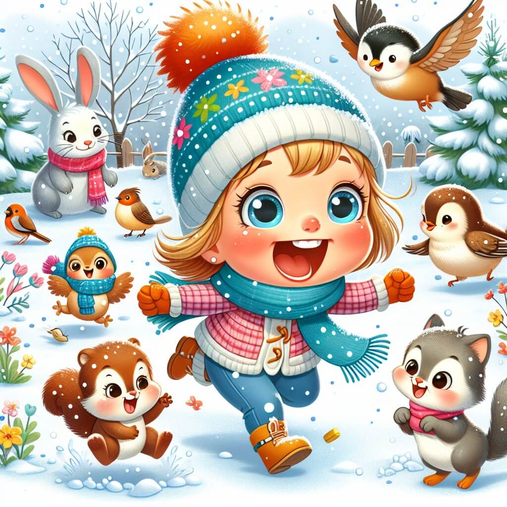Une illustration destinée aux enfants représentant une petite fille pleine d'excitation, entourée d'amis animaux, dans un jardin enneigé, pendant la fête du nouvel an.