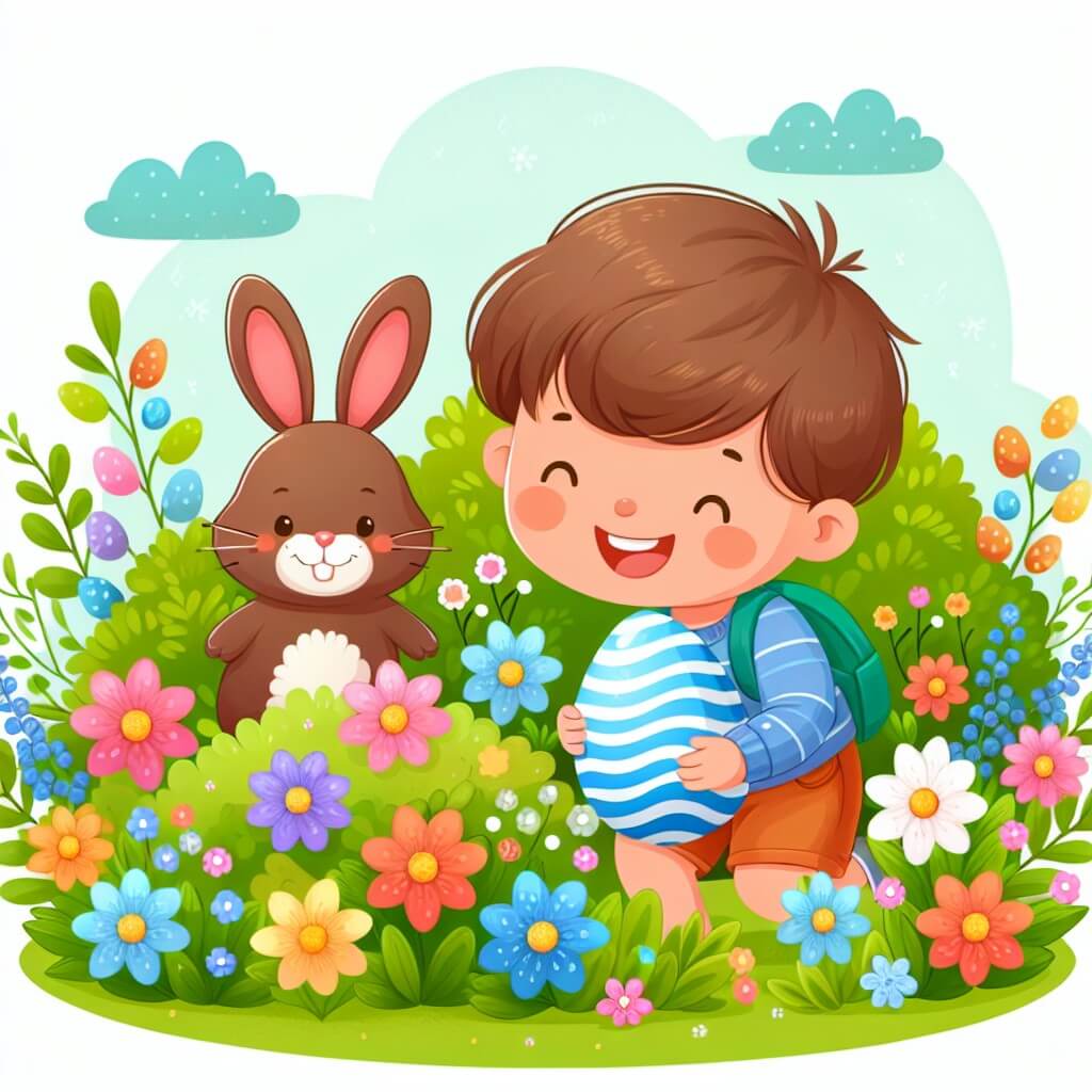 Une illustration destinée aux enfants représentant un jeune garçon joyeux à la recherche d'œufs de Pâques, accompagné d'un adorable coniglietto de chocolat, dans un jardin printanier rempli de fleurs multicolores et de buissons luxuriants.
