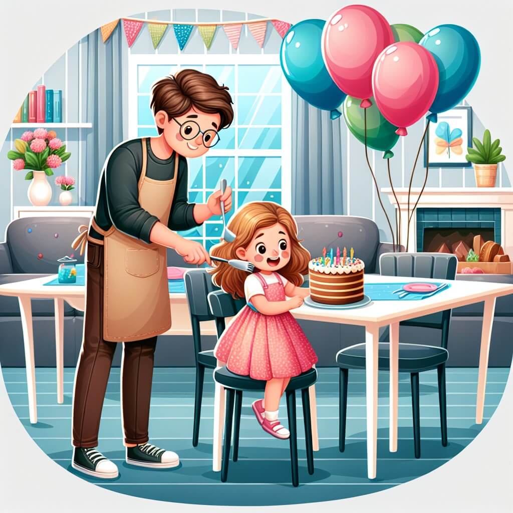 Une illustration destinée aux enfants représentant une petite fille pleine de vie et de curiosité, préparant une surprise pour sa maman, avec l'aide de son papa, dans une salle à manger décorée de ballons colorés, d'une grande table dressée et d'une délicieuse odeur de gâteau au chocolat.