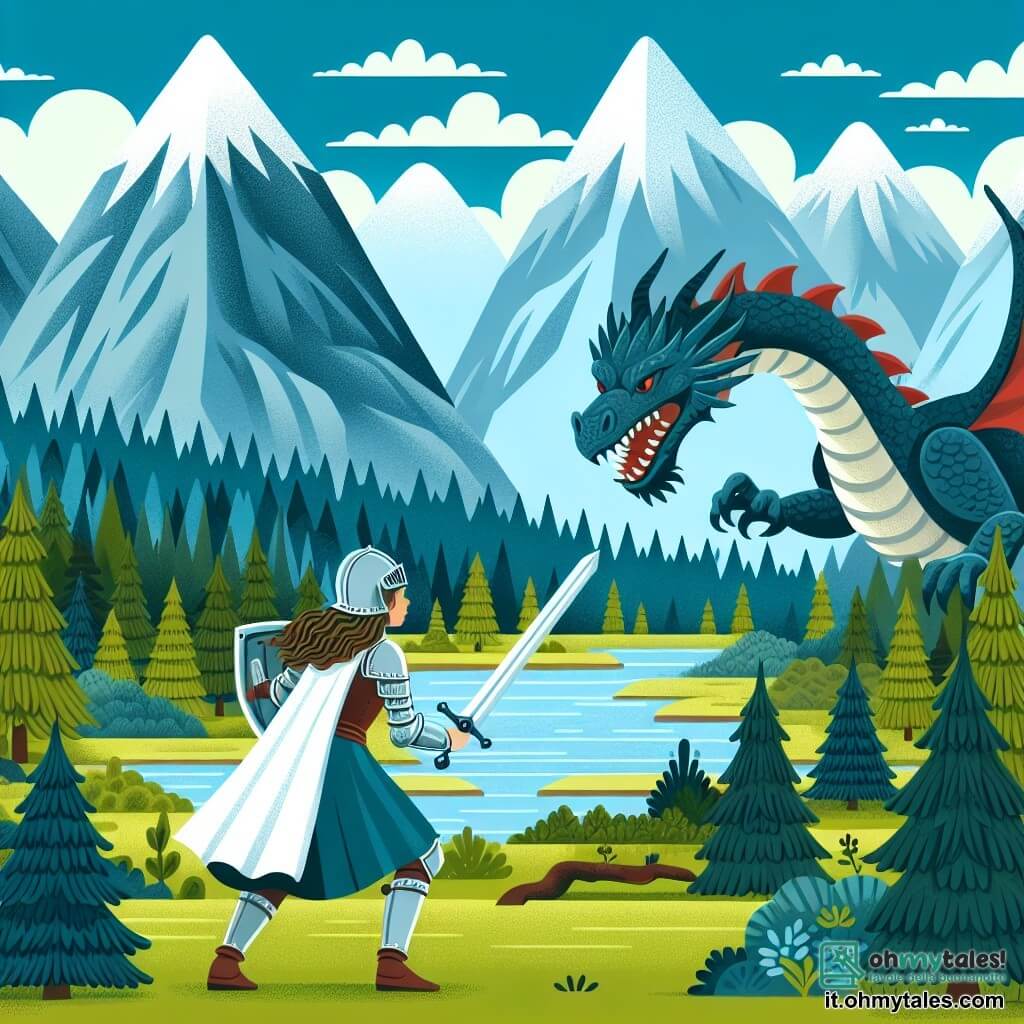 Une illustration destinée aux enfants représentant une chevalière intrépide, prête à affronter un dragon redoutable, dans un royaume enchanté où les montagnes majestueuses se dressent au-dessus d'une forêt dense et mystérieuse.