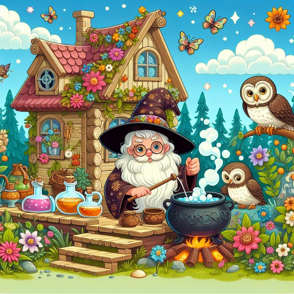 Une illustration destinée aux enfants représentant une sorcière maladroite concoctant des potions magiques, accompagnée d'un sage hibou, dans une charmante petite maison en bois située au cœur d'une forêt enchantée remplie de fleurs colorées et de créatures magiques.