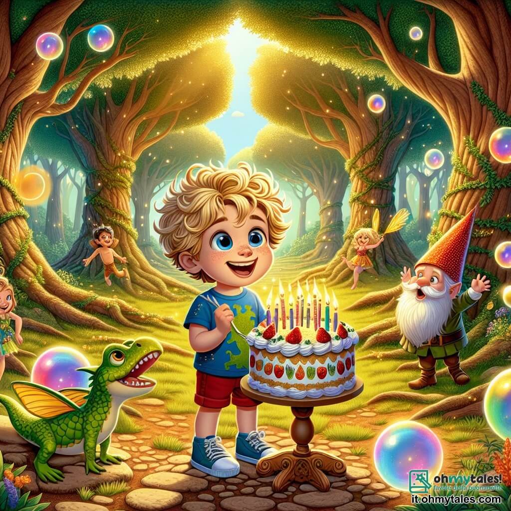 Illustrazione che rappresenta un radura incantata nel cuore di una foresta magica, dove alberi maestosi con tronchi spessi si ergono verso il cielo, le cui foglie brillanti filtrano la luce del sole in riflessi dorati. Al centro della scena, un ragazzo di 5 anni, con capelli ricci e dorati, occhi scintillanti di curiosità, sorride ampiamente mentre tiene in mano una grande fetta di torta colorata. Indossa una maglietta blu con motivi di dinosauri e pantaloni corti rossi. Intorno a lui, diversi personaggi secondari: una fatina con ali scintillanti, vestita con un abito verde di foglie, che vola gioiosamente nel cielo, e un gnomo barbuto con un cappello a punta rosso, che balla su uno sgabello, ridendo con entusiasmo. La scena principale mostra il ragazzo mentre soffia sulle candeline di una enorme torta di compleanno decorata con panna e frutta, mentre bolle di sapone colorate fluttuano intorno a loro, create da un drago amichevole che si trova sullo sfondo, sorridendo con occhi dolci. Palloncini colorati fluttuano nell'aria, aggiungendo un tocco festoso a questa scena gioiosa e magica.