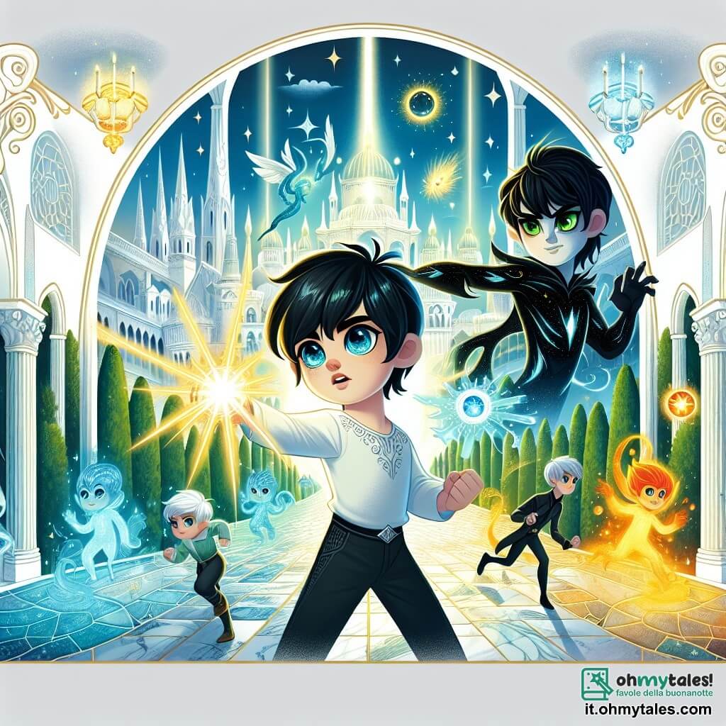 Une illustration destinée aux enfants représentant un jeune garçon aux cheveux noirs comme la nuit, avec des yeux bleus étincelants, qui utilise son pouvoir de contrôler la lumière pour protéger sa ville colorée et scintillante de Stelar, où les rues pavées de marbre brillent sous le soleil et les arbres majestueux dansent au gré du vent, tandis que sa courageuse amie aux cheveux roux et aux lentilles espiègles l'encourage à affronter un mystérieux ennemi enveloppé d'ombre.