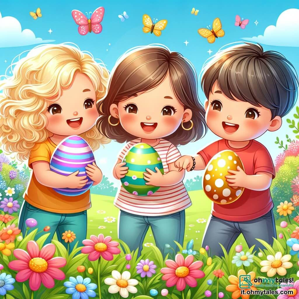 Une illustration sous forme de dessin destinée aux enfants représentant un jardin coloré en pleine floraison, avec trois enfants de 1 an : une petite fille aux cheveux bouclés et blonds qui tient un grand œuf coloré, un petit garçon aux cheveux bruns qui sourit en tenant un œuf en chocolat, et une petite fille aux cheveux noirs qui pointe du doigt un œuf doré caché dans l'herbe, tous ensemble dans une ambiance joyeuse et enjouée, cherchant des œufs de Pâques sous un ciel bleu ensoleillé, entourés de fleurs éclatantes et de papillons virevoltants.