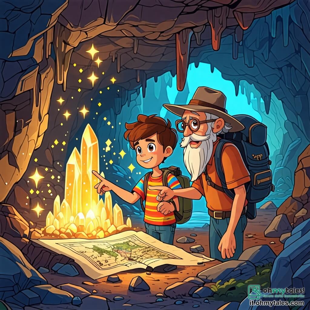 Une illustration sous forme de dessin destinée aux enfants représentant une vaste grotte illuminée par des cristaux scintillants, où un jeune garçon aux yeux brillants et aux cheveux châtains, vêtu d'un t-shirt coloré et d'un petit sac à dos, examine une ancienne carte avec un air déterminé, tandis qu'à ses côtés se tient un homme âgé avec une barbe blanche et des lunettes rondes, portant un chapeau d'explorateur, qui lui montre une direction avec un sourire encourageant, le tout dans une atmosphère magique et pleine de mystère, symbolisant le début d'une grande aventure.