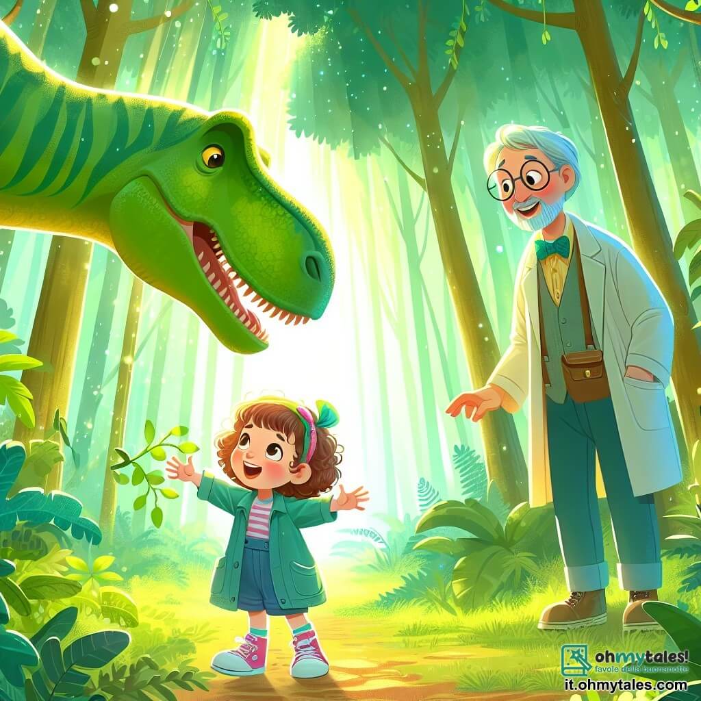 Une illustration sous forme de dessin destinée aux enfants représentant une forêt préhistorique luxuriante, avec une petite fille de 3 ans aux cheveux bouclés et aux yeux pétillants, émerveillée en tendant la main vers un immense brontosaurus qui se penche pour manger des feuilles, tandis qu'un homme adulte, son oncle, souriant et vêtu d'une blouse de scientifique, observe la scène avec fierté, le tout baigné dans une lumière douce et magique, symbolisant l'aventure d'un voyage dans le temps.