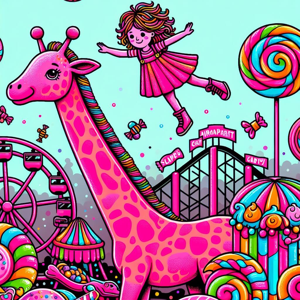 Une illustration destinée aux enfants représentant une petite fille aux cheveux en bataille, vêtue d'une robe multicolore, qui se retrouve à faire des acrobaties sur un dos de girafe rose fluo dans un parc d'attractions rempli de manèges extravagants et de montagnes russes en forme de bonbons géants.