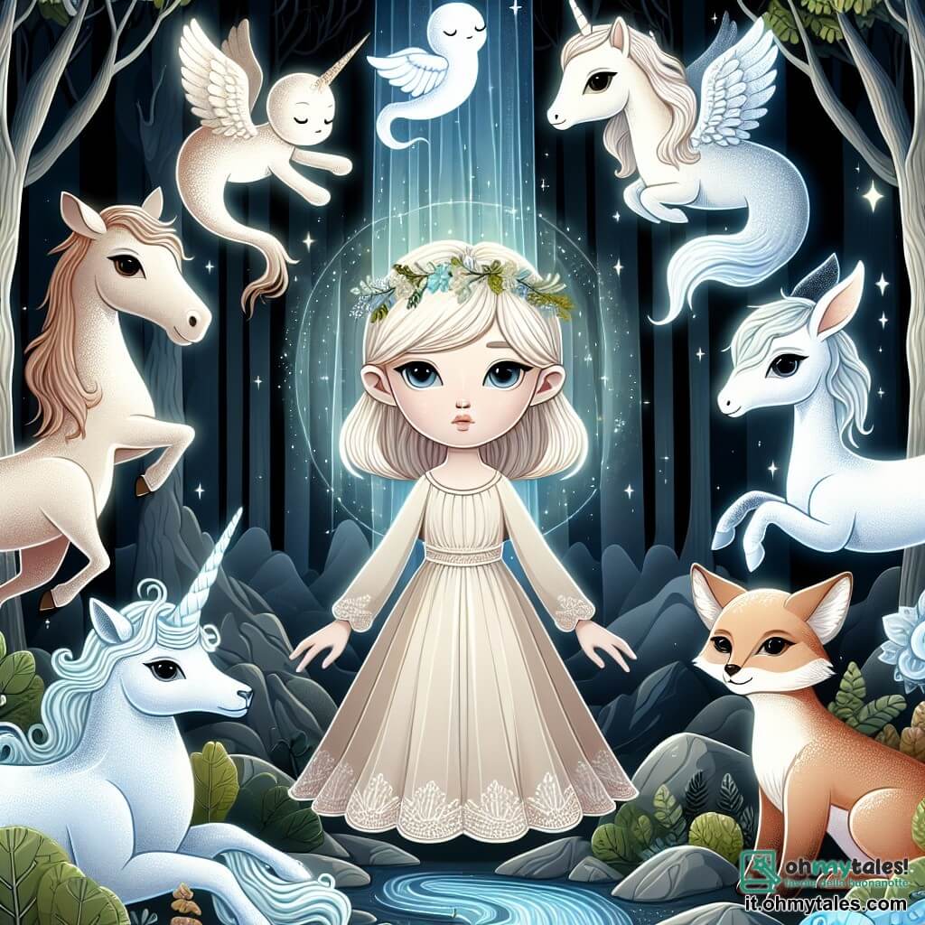 Une illustration destinée aux enfants représentant une jeune fille au teint de porcelaine, entourée de sept animaux fantastiques aux caractères bien distincts, dans une forêt enchantée aux arbres lumineux et cascades magiques.