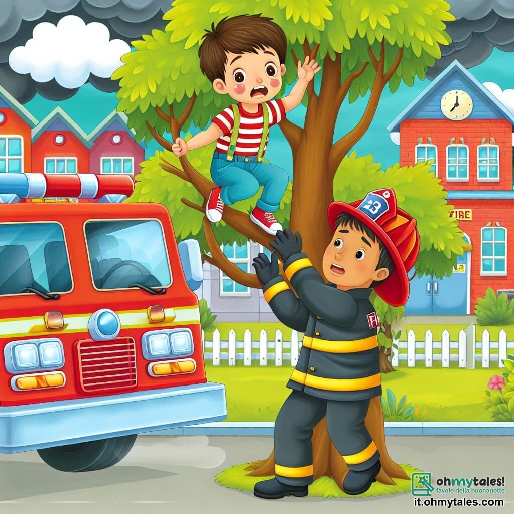 Une illustration destinée aux enfants représentant un pompier courageux en uniforme rouge, sauvant un petit garçon blond coincé sur un arbre, dans une caserne de pompiers colorée avec un camion rouge vif garé devant.