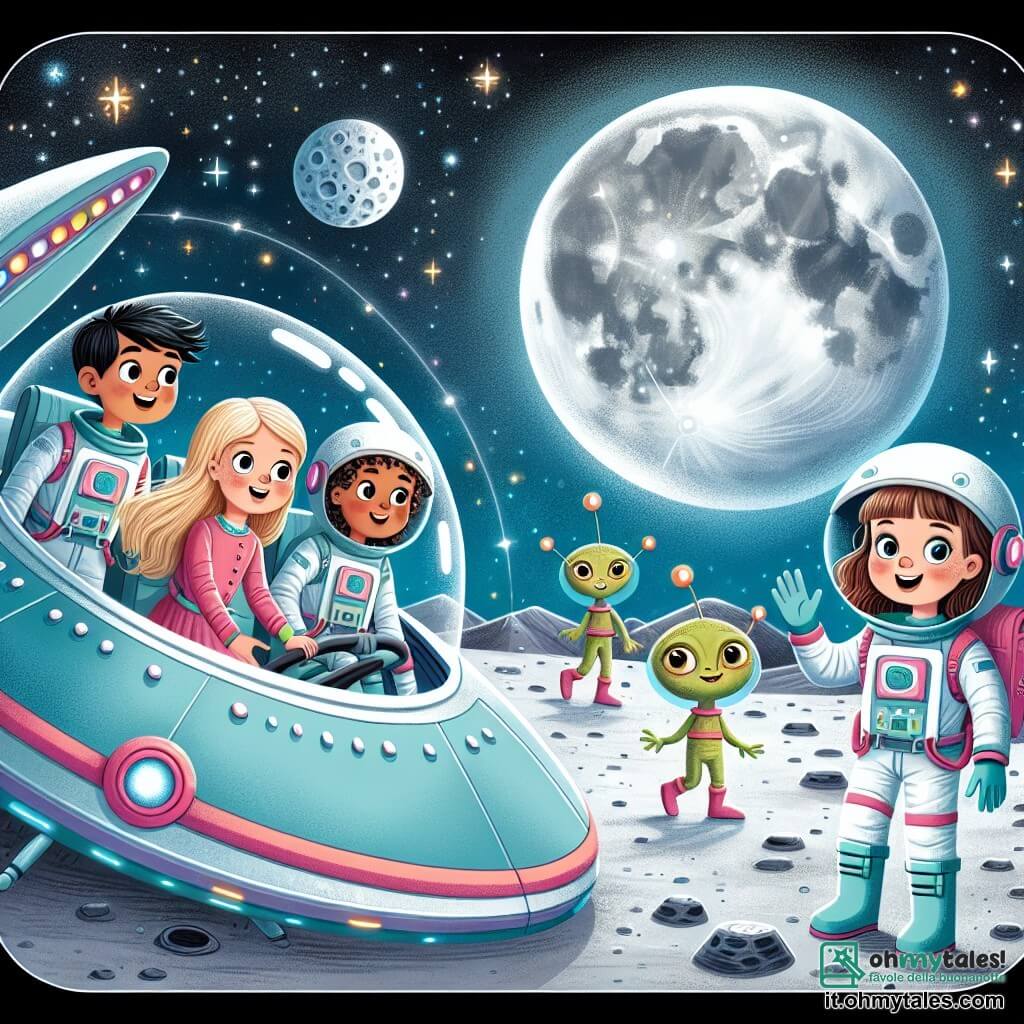 Une illustration destinée aux enfants représentant une jeune femme astronaute, accompagnée d'un garçon et d'une fille, explorant la surface de la lune, avec des cratères et des extraterrestres sympathiques, sous un ciel étoilé scintillant, dans une navicelle spatiale colorée et futuriste.