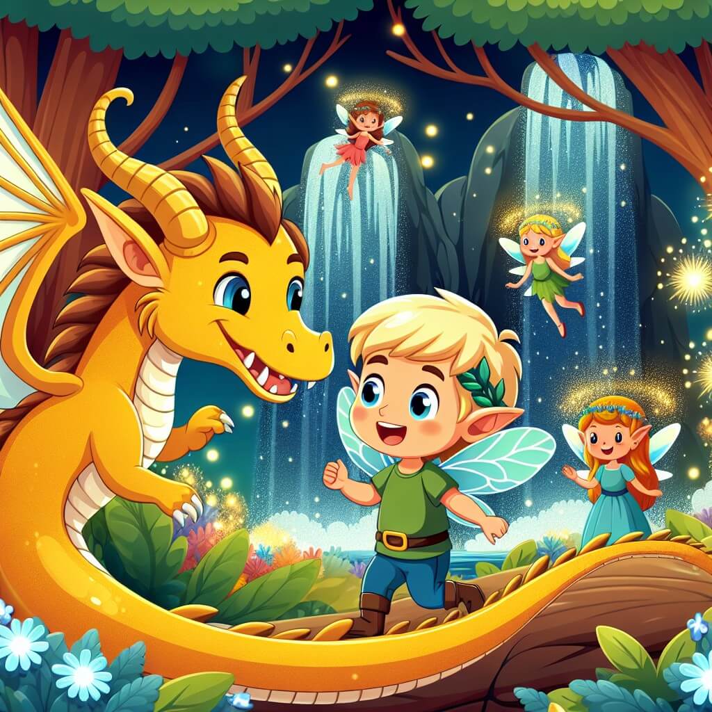 Une illustration destinée aux enfants représentant un jeune elfe curieux et avide d'aventure, se liant d'amitié avec un dragon doré, tandis qu'ils explorent ensemble la majestueuse et chatoyante Forêt Incantée, peuplée de fées dansantes et de cascades scintillantes.