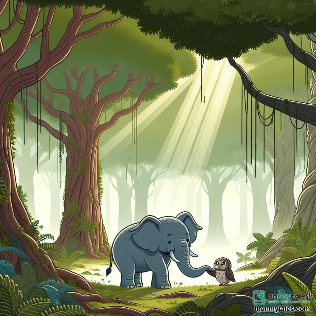 Une illustration destinée aux enfants représentant un éléphant sage et gentil aidant un petit gufo perdu dans une vaste et luxuriante forêt verdoyante, avec des rayons de soleil filtrant à travers les feuilles des grands arbres centenaires.