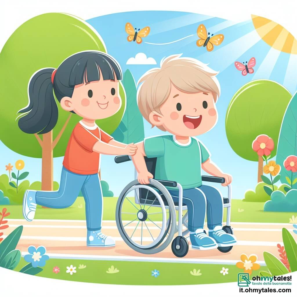 Une illustration destinée aux enfants représentant un petit garçon joyeux et curieux, se préparant à participer à une gara di corsa con i suoi amici, avec un amico di lui che lo aiuta a spingere la sua carrozzina, dans un parc ensoleillé avec alberi verdi, fiori colorati e farfalle volant dans l'aria.