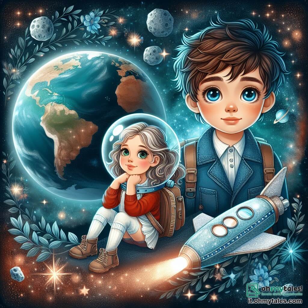 Une illustration destinée aux enfants représentant un jeune garçon rêveur et courageux, accompagné d'une fillette brillante et déterminée, explorant l'espace à bord d'une navette scintillante, avec la Terre vue de l'espace en arrière-plan, illuminée par les étoiles scintillantes et les mystérieux astéroïdes.