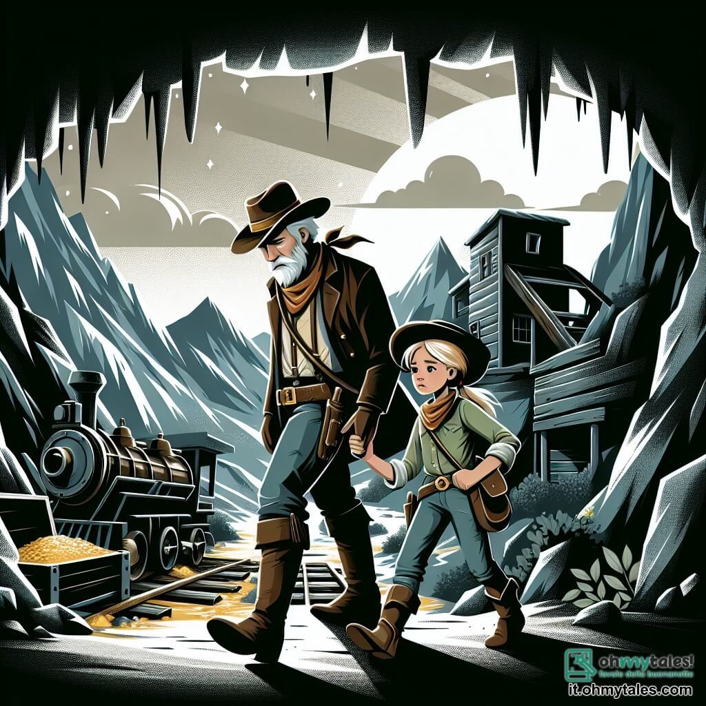 Une illustration destinée aux enfants représentant une jeune cowgirl courageuse, accompagnée d'un vieux mineur solitaire, explorant les profondeurs sombres et mystérieuses d'une mine d'or maudite nichée au cœur des Montagnes Roccieuses, dans l'Ouest sauvage américain.