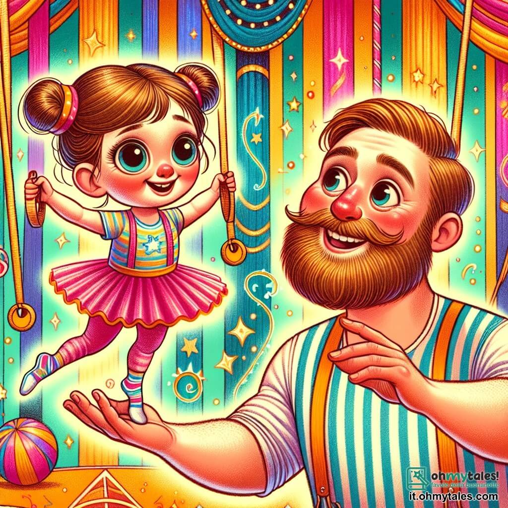 Une illustration destinée aux enfants représentant une petite fille aux grands yeux curieux et au sourire contagieux, apprenant des acrobaties spectaculaires d'un trapéziste courageux, dans un cirque aux tendons colorés et aux spectacles magiques.