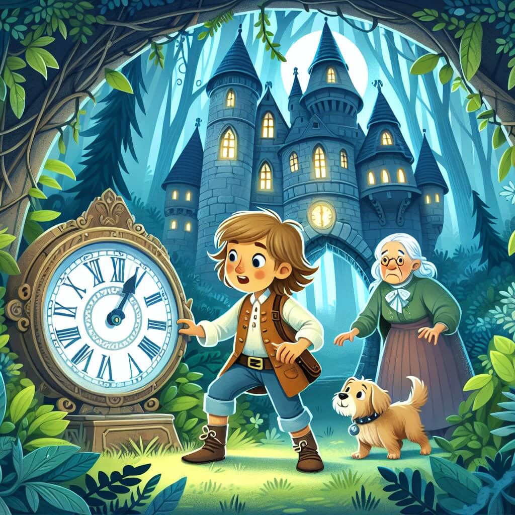 Une illustration destinée aux enfants représentant une jeune fille curieuse, découvrant un mystérieux orologio magico dans un ancien château abandonné, entouré d'une forêt dense et mystique, avec l'aide d'un ami fidèle et d'une sage grand-mère, dans une aventure palpitante à travers le temps.