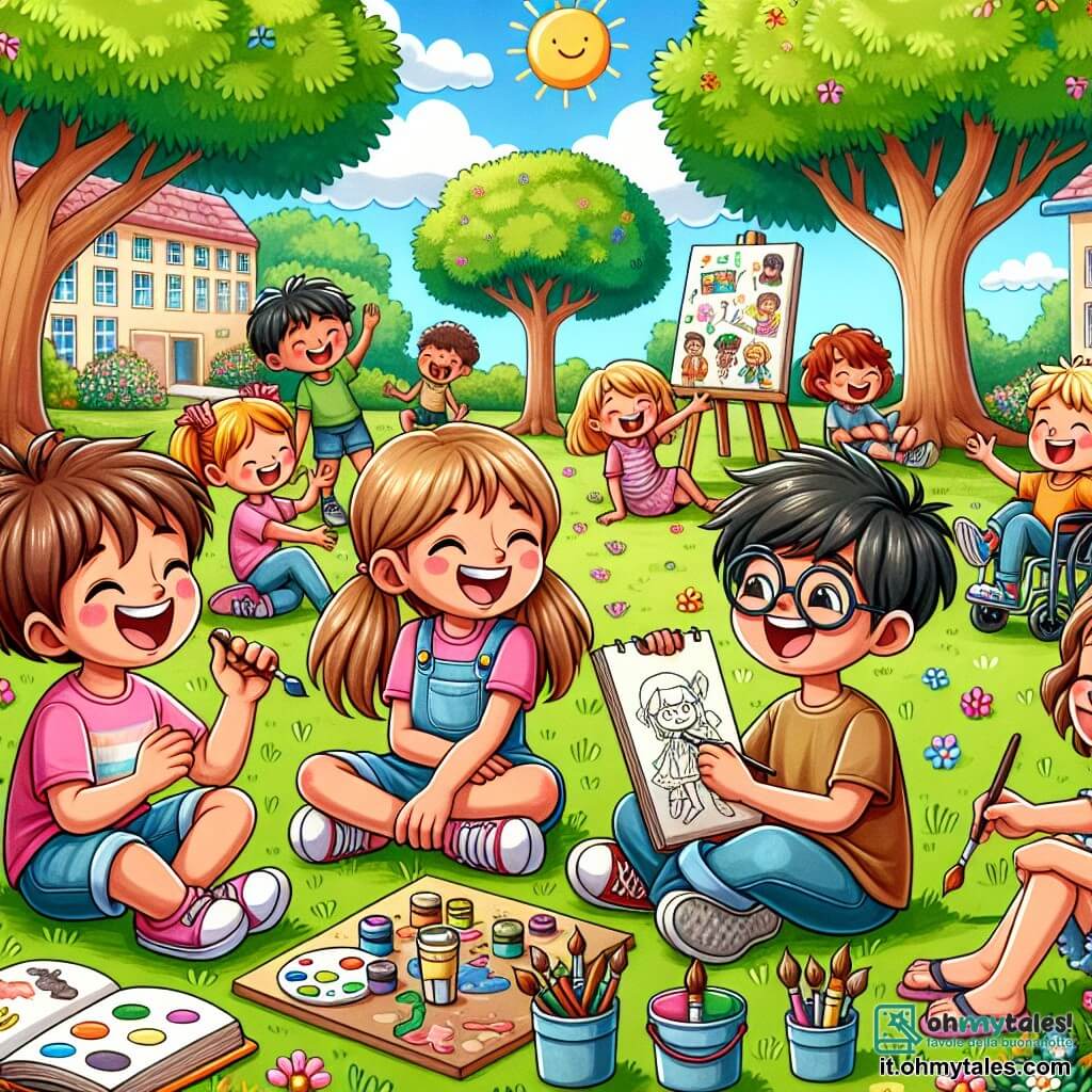 Illustrazione che rappresenta una scena animata in un cortile di scuola soleggiato, circondato da grandi alberi con foglie verdi brillanti e fiori colorati. Al centro, un gruppo di bambini è riunito sull'erba, ridendo e discutendo allegramente. C'è una ragazza di circa 10 anni, con capelli castani raccolti in due codini, che indossa una maglietta rosa e un pantaloncino di jeans, sorridendo mentre tiene un libro illustrato. Accanto a lei, un ragazzo di 11 anni, con capelli neri arruffati e occhiali, è seduto a gambe incrociate, con un grande quaderno da disegno, concentrato su un disegno. Un'altra ragazza, di circa 10 anni, con capelli biondi e occhiali da sole, sta dipingendo su una tela, circondata da barattoli di vernice colorata. Infine, un ragazzo di 11 anni in sedia a rotelle ride a crepapelle, con gli occhi scintillanti di gioia, ascoltando le storie degli altri. La situazione principale mostra questi bambini che condividono idee creative e si incoraggiano a vicenda nelle loro attività artistiche, illustrando così lo spirito di amicizia e collaborazione che regna nella loro classe. Sullo sfondo, si può vedere un grande pannello decorato con disegni di bambini e progetti scolastici, aggiungendo un tocco di colore e vita alla scena.