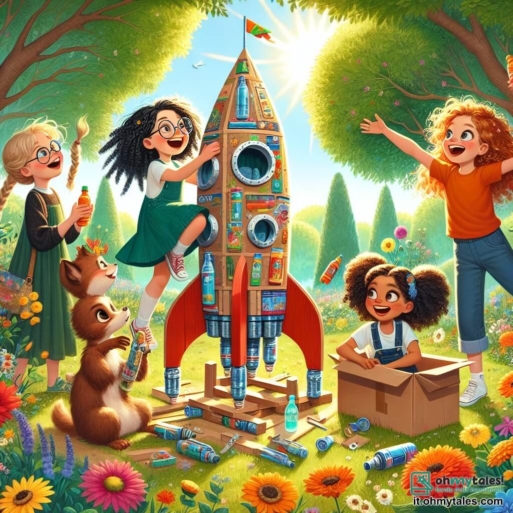 Illustrazione che rappresenta un parco soleggiato, pieno di fiori colorati e alberi verdi. Al centro, un grande campo di erba con un enorme razzo di cartone decorato con colori vivaci, con bottiglie di plastica come motori. Quattro ragazze di circa dodici anni, con capelli ricci e occhiali tondi, stanno costruendo il razzo. Una di loro, con capelli castani e occhiali, tiene una scatola di cartone, mentre un'altra, con capelli biondi e trecce, è accovacciata, ridendo mentre cerca di attaccare ali di legno. La terza, con capelli neri e grande energia, fa gesti entusiasti, mentre l'ultima, con capelli rossi e un sorriso splendente, osserva con meraviglia. Accanto a loro, un piccolo scoiattolo dal pelo marrone, con grandi occhi curiosi, sembra partecipare all'avventura, saltando intorno al razzo. L'atmosfera è gioiosa e piena di risate, catturando lo spirito di amicizia e creatività che regna in questa scena. Bolle di dialogo colorate fluttuano intorno, illustrando le loro risate e le loro esclamazioni entusiastiche.