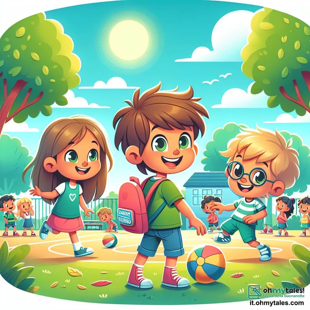 Illustrazione che rappresenta un cortile scolastico animato in una bella mattina di settembre. Il cielo è di un blu splendente, punteggiato da alcune nuvole bianche e soffici, e alberi verdi circondano il luogo, offrendo ombra ai bambini che giocano. Al centro dell'immagine, un ragazzo di sei anni, con i capelli castani arruffati e gli occhi scintillanti, indossa una maglietta verde e uno zaino rosso con la scritta "Supereroi". Accanto a lui, una ragazza di sei anni, con lunghi capelli biondi e un sorriso radioso, è vestita con un vestito rosa. Tiene una palla da gioco tra le mani. Un altro ragazzo, anch'esso di sei anni, con occhiali rotondi e un grande sorriso, indossa una maglietta a righe e si prepara a lanciare la palla. La scena mostra questi tre bambini mentre giocano insieme, ridendo e divertendosi, mentre sullo sfondo altri bambini chiacchierano e giocano. Il suolo è coperto di foglie e piccoli giocattoli sparsi, contribuendo all'atmosfera gioiosa del ritorno a scuola. Disegni colorati e manifesti di benvenuto sono appesi alle pareti della scuola, rafforzando lo spirito festoso di questo primo giorno.