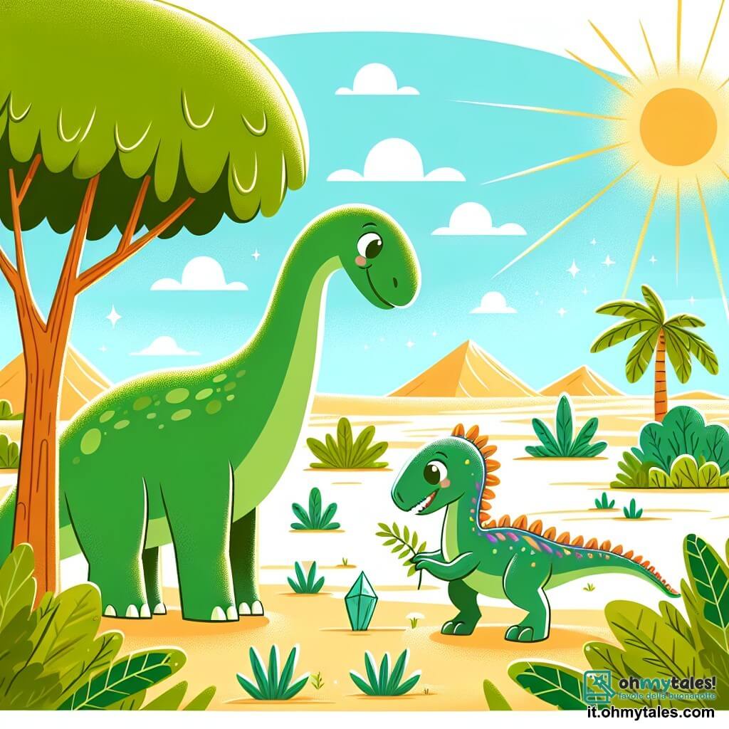 Une illustration sous forme de dessin destinée aux enfants représentant un vaste désert préhistorique baigné par un soleil éclatant, où un grand diplodocus au long cou et à la peau verte se tient joyeusement en train de manger des feuilles d'un arbre, tandis qu'à ses côtés, une maman diplodocus aux yeux doux l'observe avec tendresse, et un rapide vélociraptor aux plumes colorées s'approche timidement, le regard curieux, alors qu'un magnifique cristal lumineux scintille au sol, symbolisant l'amitié et la découverte dans ce monde fascinant des dinosaures.