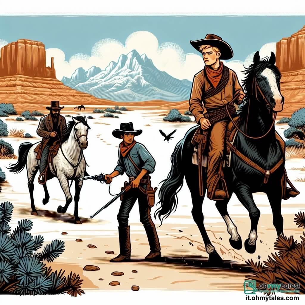 Une illustration destinée aux enfants représentant un jeune cow-boy courageux, accompagné de son fidèle cheval, affrontant des bandits dans le désert aride et sauvage du Far West américain.