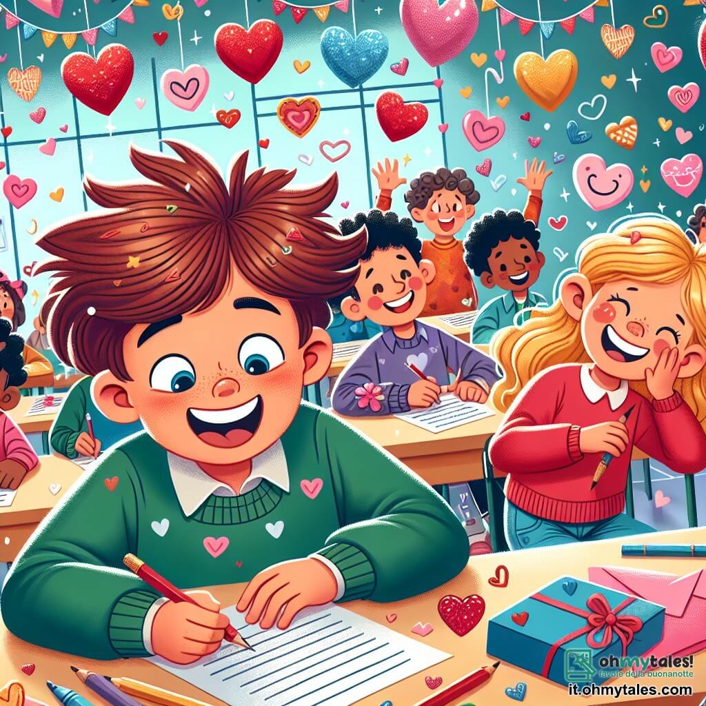 Une illustration sous forme de dessin destinée aux enfants représentant une salle de classe colorée et joyeuse, avec des décorations de Saint-Valentin, où un garçon de 11 ans aux cheveux châtains en désordre, souriant et enthousiaste, écrit une lettre sur un bureau, tandis qu'une fille aux cheveux bouclés dorés, pleine d'énergie, l'encourage avec un grand sourire, et d'autres enfants autour d'eux, riant et échangeant des cartes décorées de cœurs, illustrant ainsi l'esprit d'amitié et de gentillesse de la fête.