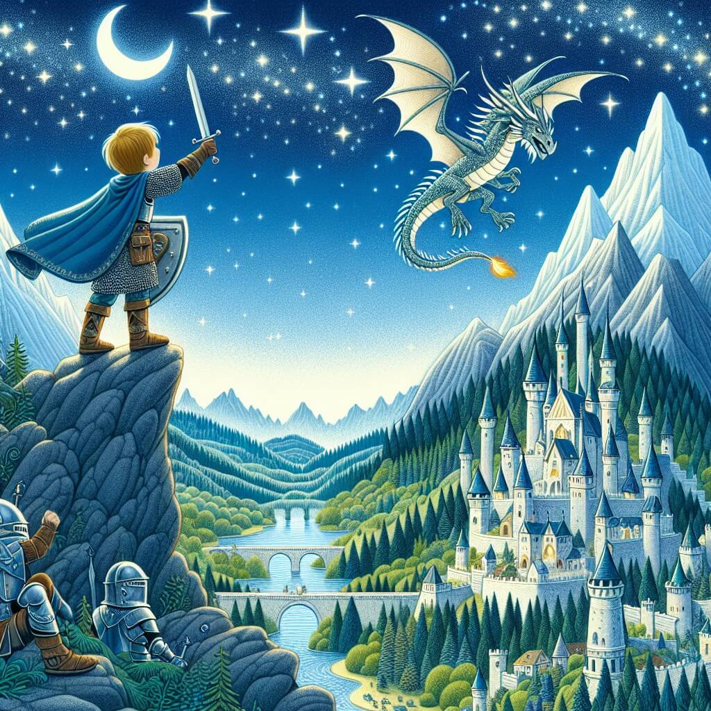 Une illustration destinée aux enfants représentant un jeune guerrier courageux, vêtu d'une armure étincelante, se tenant au sommet d'une montagne escarpée, avec un dragon majestueux planant dans le ciel étoilé, au-dessus d'un royaume médiéval enchanteur avec des châteaux en pierre, des rivières scintillantes et des forêts luxuriantes remplies de créatures magiques.