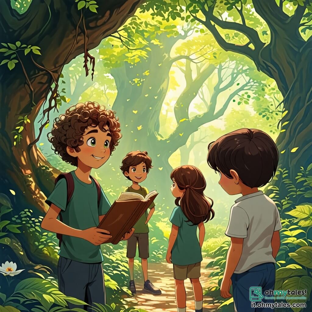 Une illustration sous forme de dessin destinée aux enfants représentant une forêt enchantée aux arbres majestueux et aux feuilles brillantes, où un garçon de 8 ans aux cheveux bouclés et aux yeux verts explore avec enthousiasme, tenant un vieux livre de contes dans ses mains, tandis qu'à ses côtés, une fille aux cheveux longs et bruns, pleine de curiosité, et un garçon un peu plus grand avec un sourire timide, l'observent attentivement, alors qu'ils découvrent un grand arbre de banyan au centre de la scène, symbole de leur quête pour trouver les légendaires Draghi di Luce.