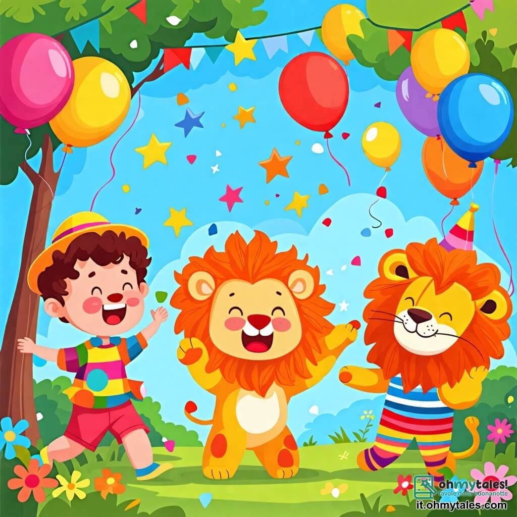 Illustrazione che rappresenta una piazza animata durante il carnevale, piena di colori vivaci e decorazioni festose. Palloncini fluttuano nel cielo blu, mentre ghirlande di fiori colorati adornano gli alberi. Al centro, un bambino di circa un anno, con grandi occhi curiosi e capelli ricci, indossa un costume da leone con una criniera dorata. Ride gioiosamente cercando di afferrare stelle scintillanti che cadono dal cielo. Accanto a lui, un clown felice di una trentina d'anni, con un naso rosso e un grande sorriso, indossa abiti a righe multicolori. Gioca con i palloncini, trasformandone uno in un leone per divertire il bambino. Sullo sfondo, altri bambini vestiti da pirati e principesse ballano e ridono, contribuendo all'atmosfera festosa. La scena cattura lo stupore e la magia del carnevale, con stelle brillanti, risate di bambini e colori vivaci che illuminano la piazza.