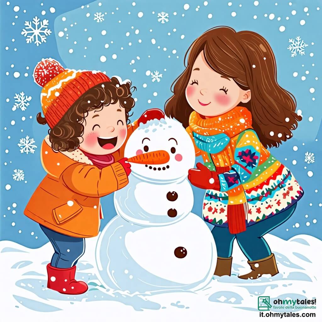 Une illustration sous forme de dessin destinée aux enfants représentant un jardin enneigé, avec une petite fille de 2 ans aux cheveux bouclés et aux joues roses, qui rit en plaçant une carotte sur la tête d'un grand bonhomme de neige qu'elle a construit avec sa maman, une femme souriante aux cheveux châtains, vêtue d'un manteau coloré, qui l'aide à façonner le corps du bonhomme de neige, tandis que des flocons de neige tombent doucement autour d'eux, créant une atmosphère joyeuse et hivernale.