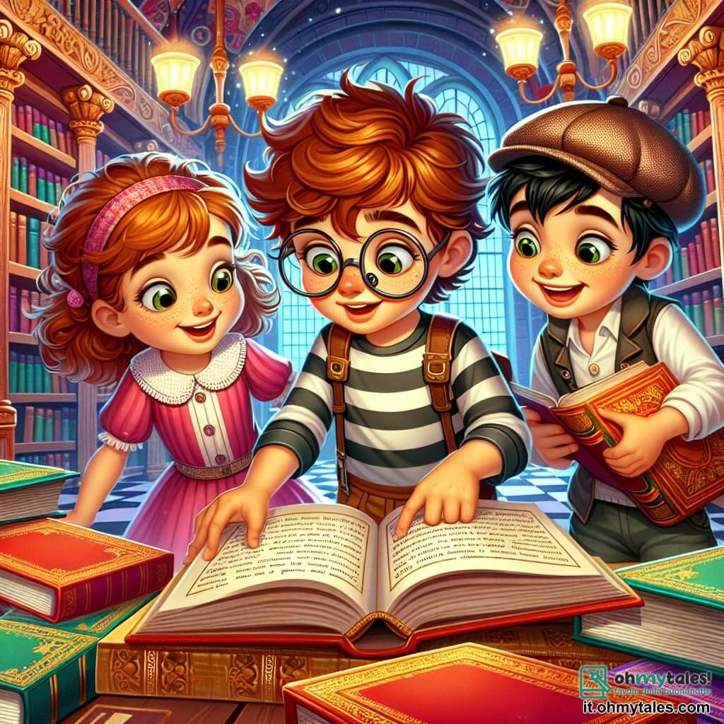 Une illustration sous forme de dessin destinée aux enfants représentant l'intérieur coloré d'une bibliothèque d'école, avec des murs ornés de livres aux couvertures brillantes, où un garçon de 9 ans aux cheveux châtains et aux lunettes rondes, vêtu d'un t-shirt à rayures et d'un short, feuillette un vieux livre de contes avec un air curieux, tandis qu'à ses côtés, une fille aux cheveux bouclés et à la robe rose, souriante, pointe du doigt une page, et un garçon aux cheveux noirs et à la casquette, les yeux pétillants d'excitation, observe un vieux livre ouvert sur une table, tous trois plongés dans une quête mystérieuse pour résoudre une énigme cachée dans les pages des livres.