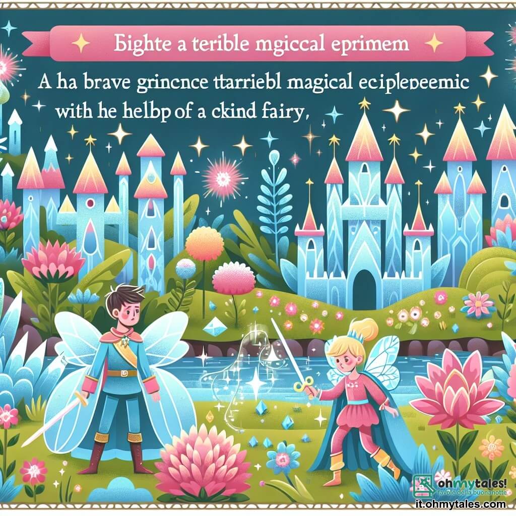 Une illustration destinée aux enfants représentant un jeune prince courageux affrontant une terrible épidémie magique avec l'aide d'une fée bienveillante dans un royaume enchanté orné de tours de cristal scintillantes et de jardins fleuris aux couleurs vives.