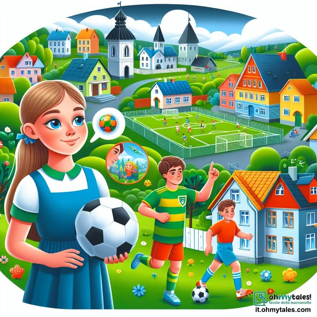 Une illustration destinée aux enfants représentant une jeune fille passionnée de football, rêvant de devenir une grande joueuse professionnelle, accompagnée de son meilleur ami, un garçon joueur de l'équipe de l'école, dans un petit village animé, avec des maisons colorées et un terrain de jeu verdoyant.