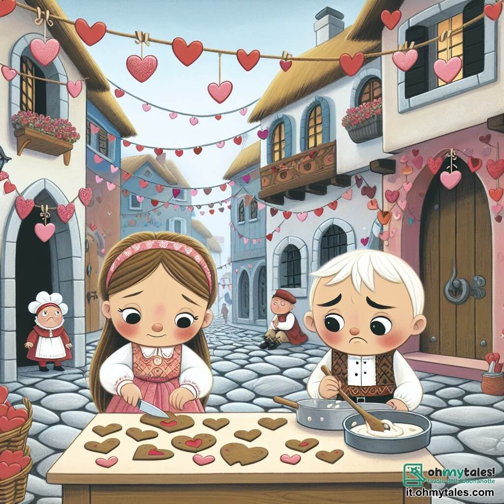 Une illustration destinée aux enfants représentant une fillette préparant des biscuits en forme de cœur pour la fête de Saint-Valentin, accompagnée de son ami garçon triste, dans un petit village enchanté de Valentinopoli, avec des rues pavées et des maisons colorées décorées de guirlandes de cœurs.