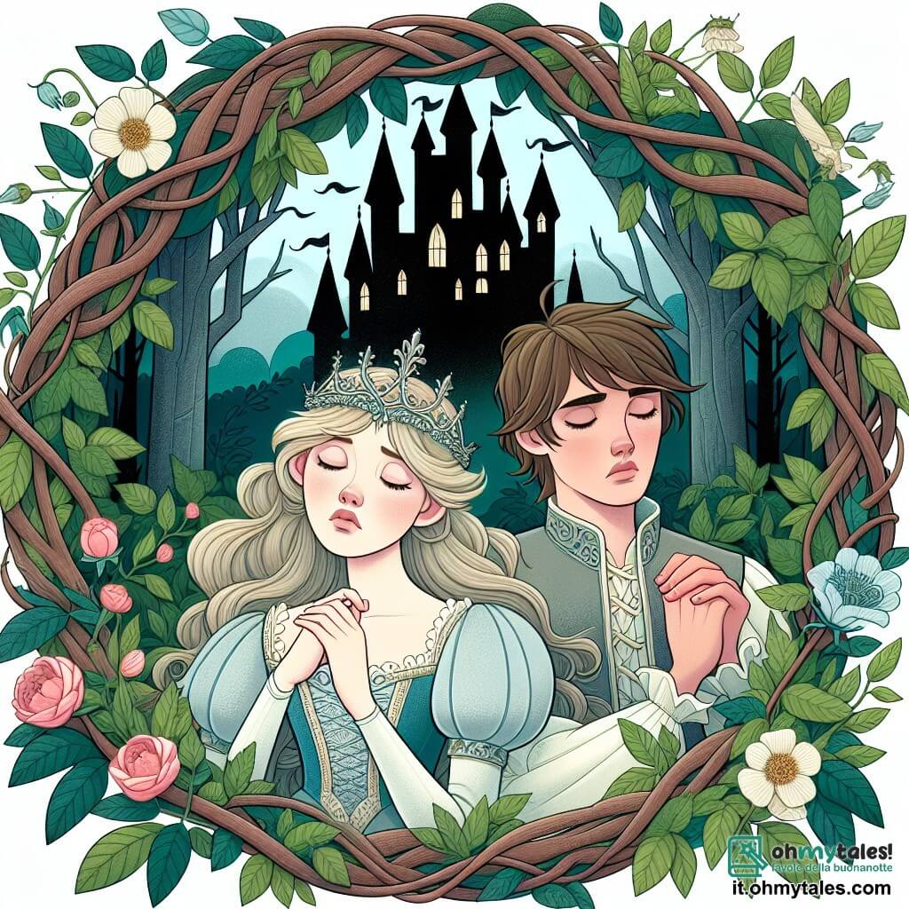 Une illustration destinée aux enfants représentant une jeune princesse au teint de porcelaine, plongée dans un profond sommeil, accompagnée d'un courageux prince, dans un château ensorcelé par des ronces épaisses et des fleurs sauvages, au cœur d'une forêt enchantée.