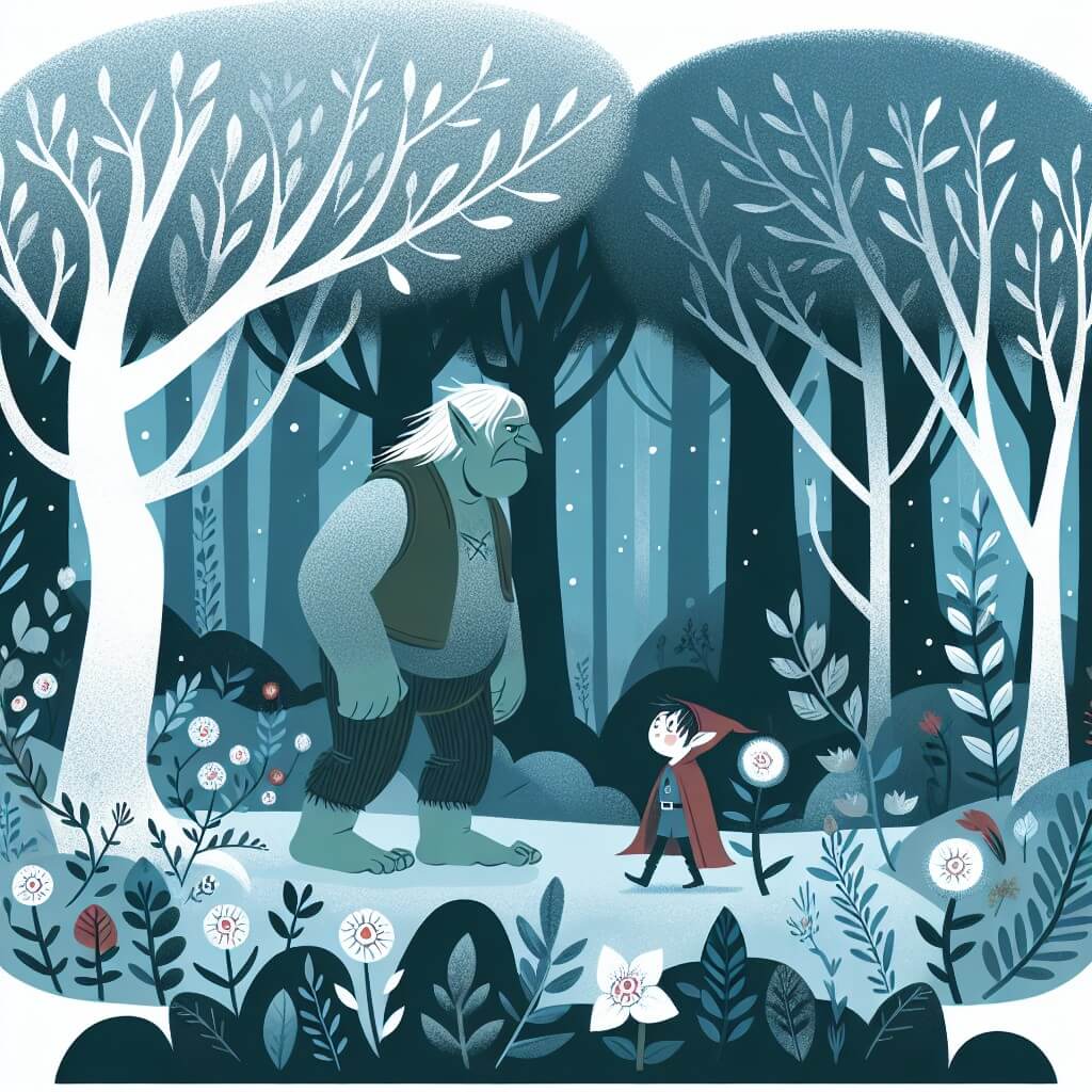 Une illustration destinée aux enfants représentant un ogre solitaire dans une forêt enchantée, accompagné d'un petit elfe courageux, dans un monde où les arbres sont recouverts de feuilles argentées et les fleurs brillent de mille couleurs.